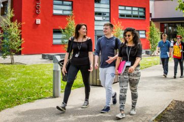Web-banner---Torfaen-new-post-16-centre Students walking outside CK campus