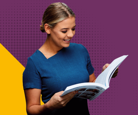 Beauty cut out in front of yellow/purple background