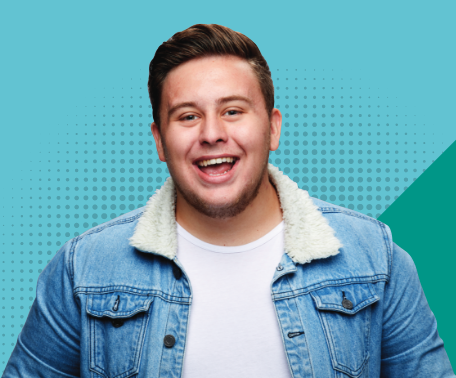 Male HE cut out on blue and teal background