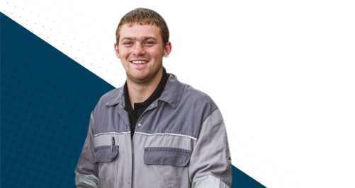 How to Apply - APP - NEW male in overalls on blue background