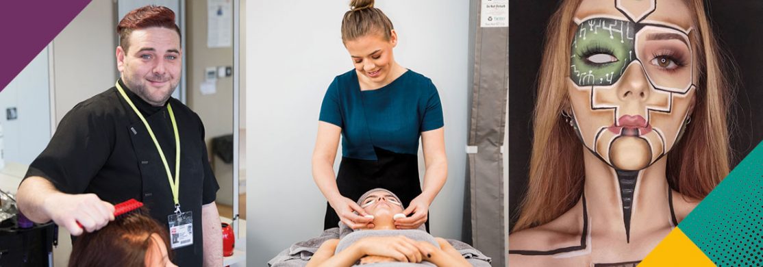 coleg-gwent-hairdressing-makeup-beauty Hairdresser, masseuse and a woman with media makeup