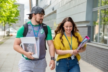FE Myth Buster - Page Thumbnail FE Myth Buster - students walking outside Coleg Gwent campus