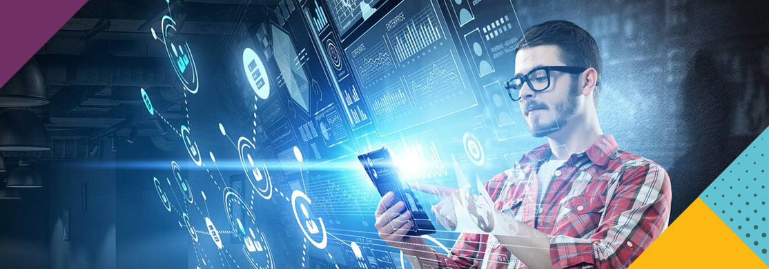 cyber-sector-header Man in glasses looking at mobile on cyber network background