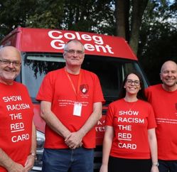Show racism the red card day - staff wearing red at Coleg Gwent