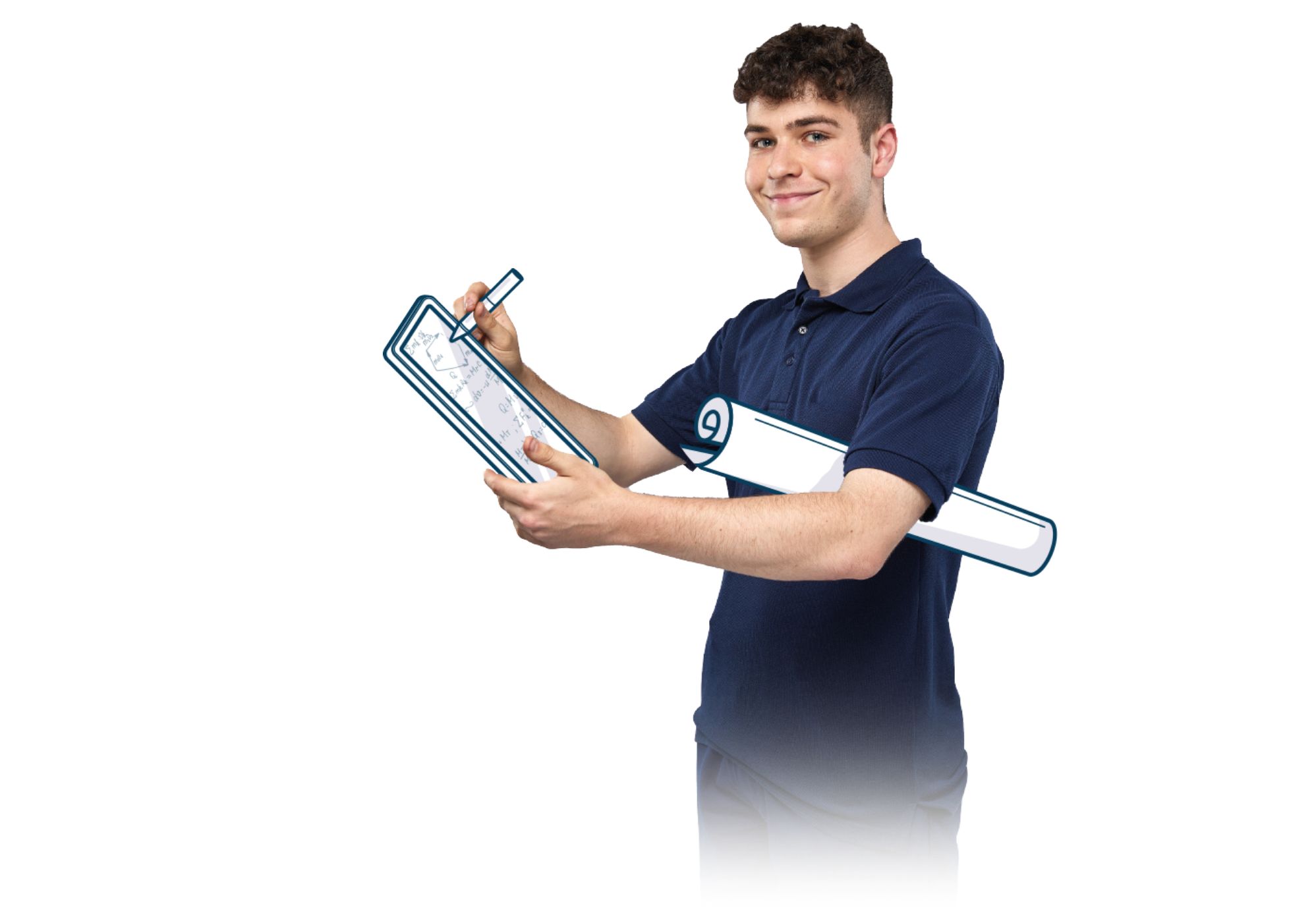 Learner with tablet and rocket background
