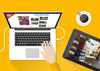virtual-open-day-feed-ft Laptop and tablet on yellow background