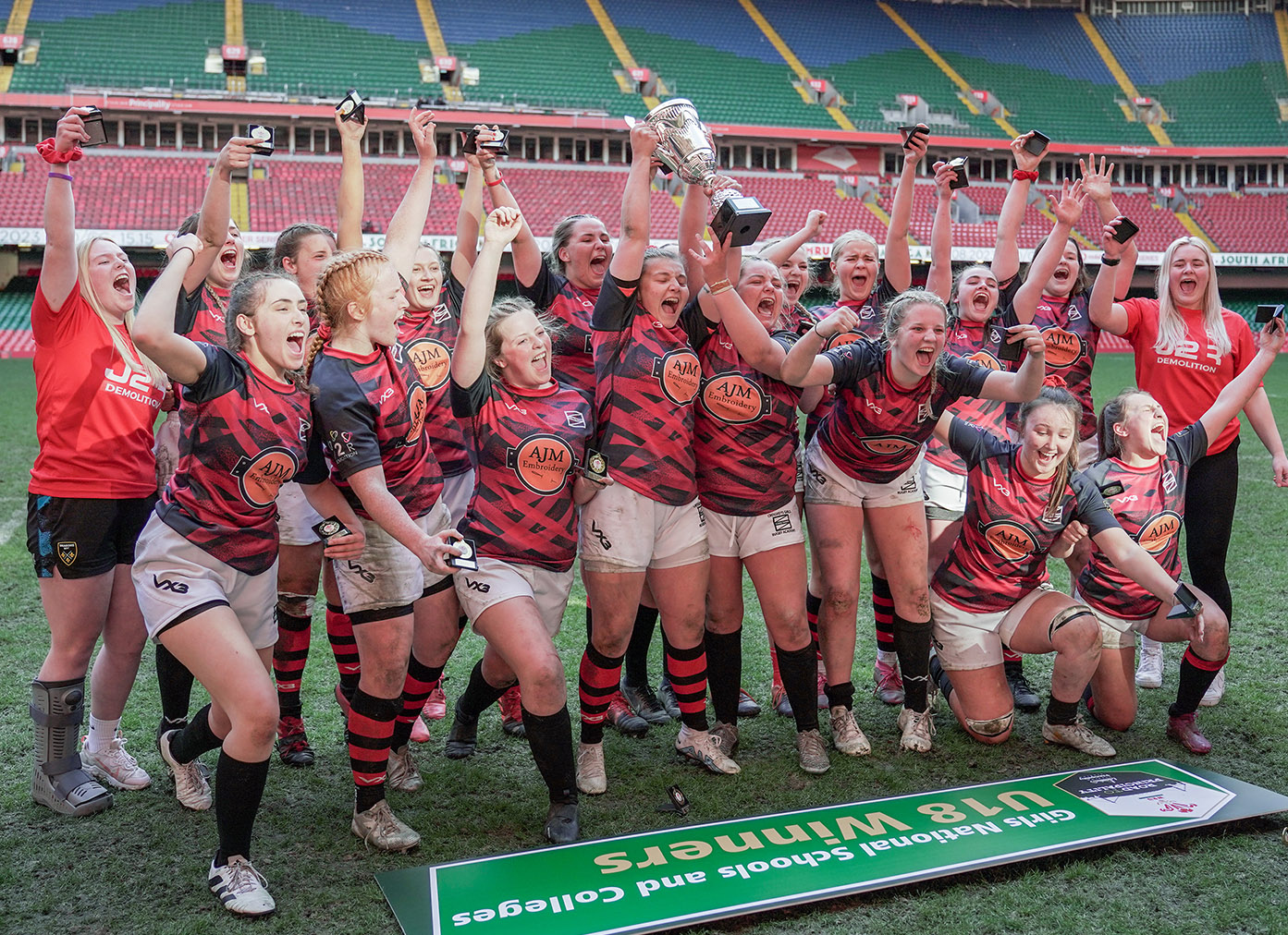 Coleg Gwent female rugby academy celebrating win
