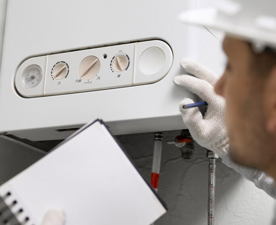 Person inspecting a gas boiler