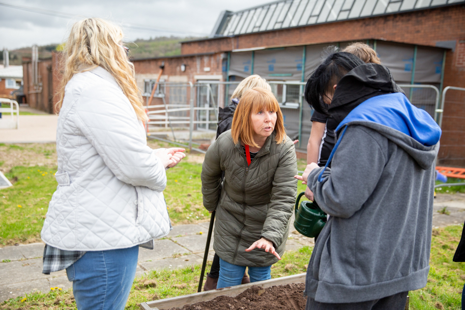 Working in garden with tutor