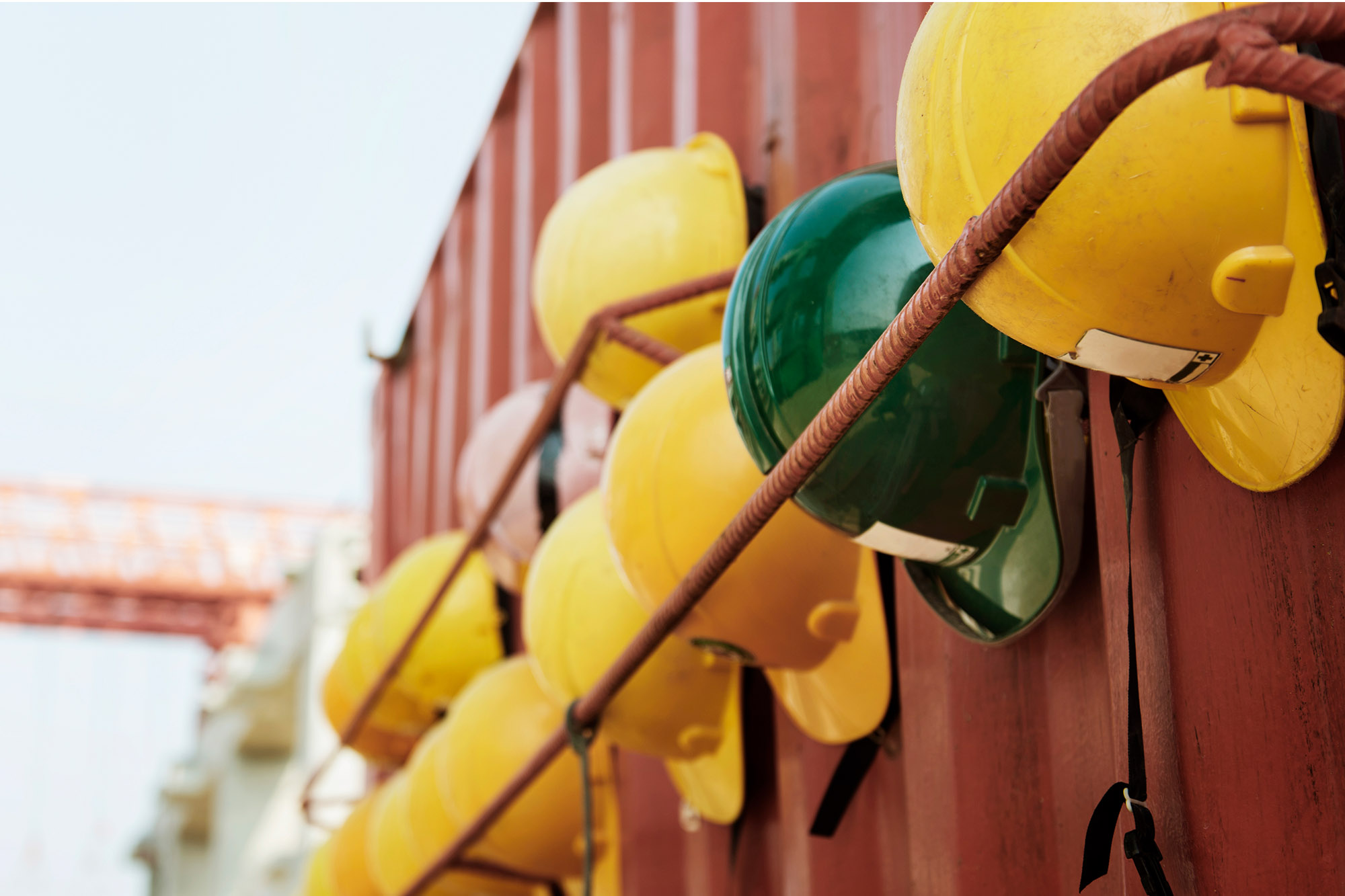 Hard hats on a rack
