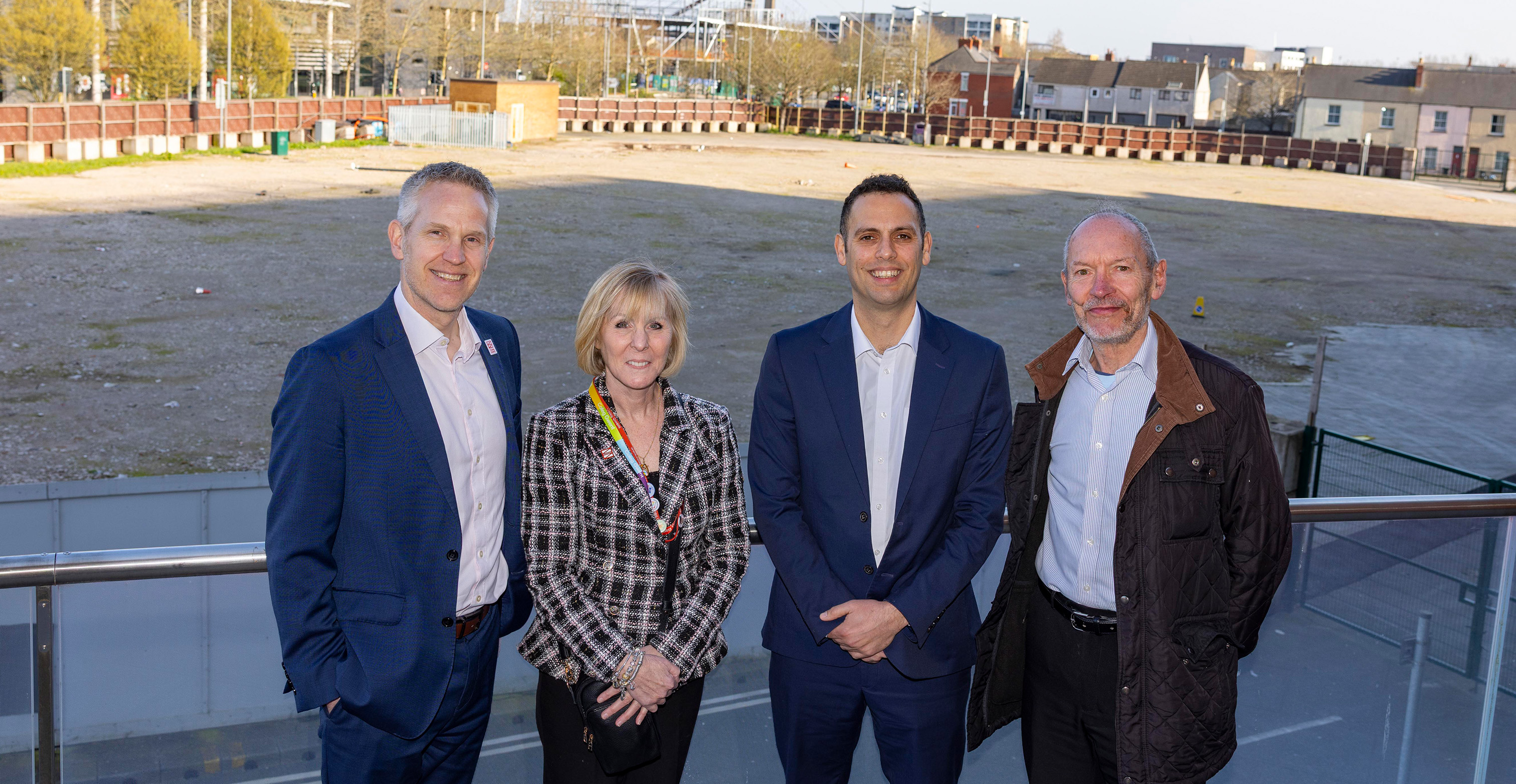 Coleg Gwent Principal; Nicola Gamlin, Coleg Gwent Vice Principal;Dan Coles, Leader of Newport Council; Dimitri Batrouni, and John Griffiths MS at the construction site for Newport Knowledge Quarter, Newport.